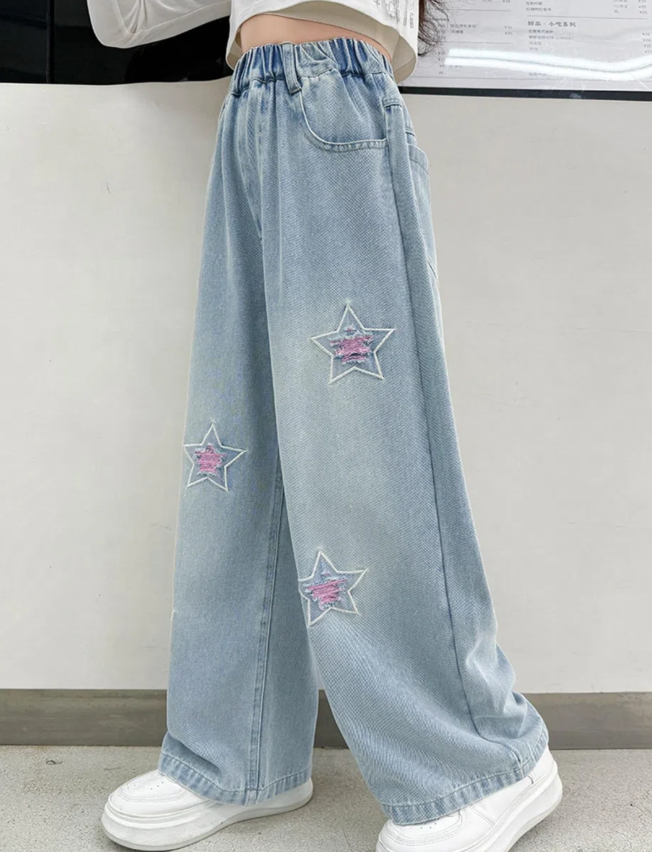 Jeans rasgados para niñas, cintura alta elástica, pierna ancha, pantalones de mezclilla desgastados con bolsillos, holgados, casuales, ropa de calle 5-14 años, star, 5-6 años