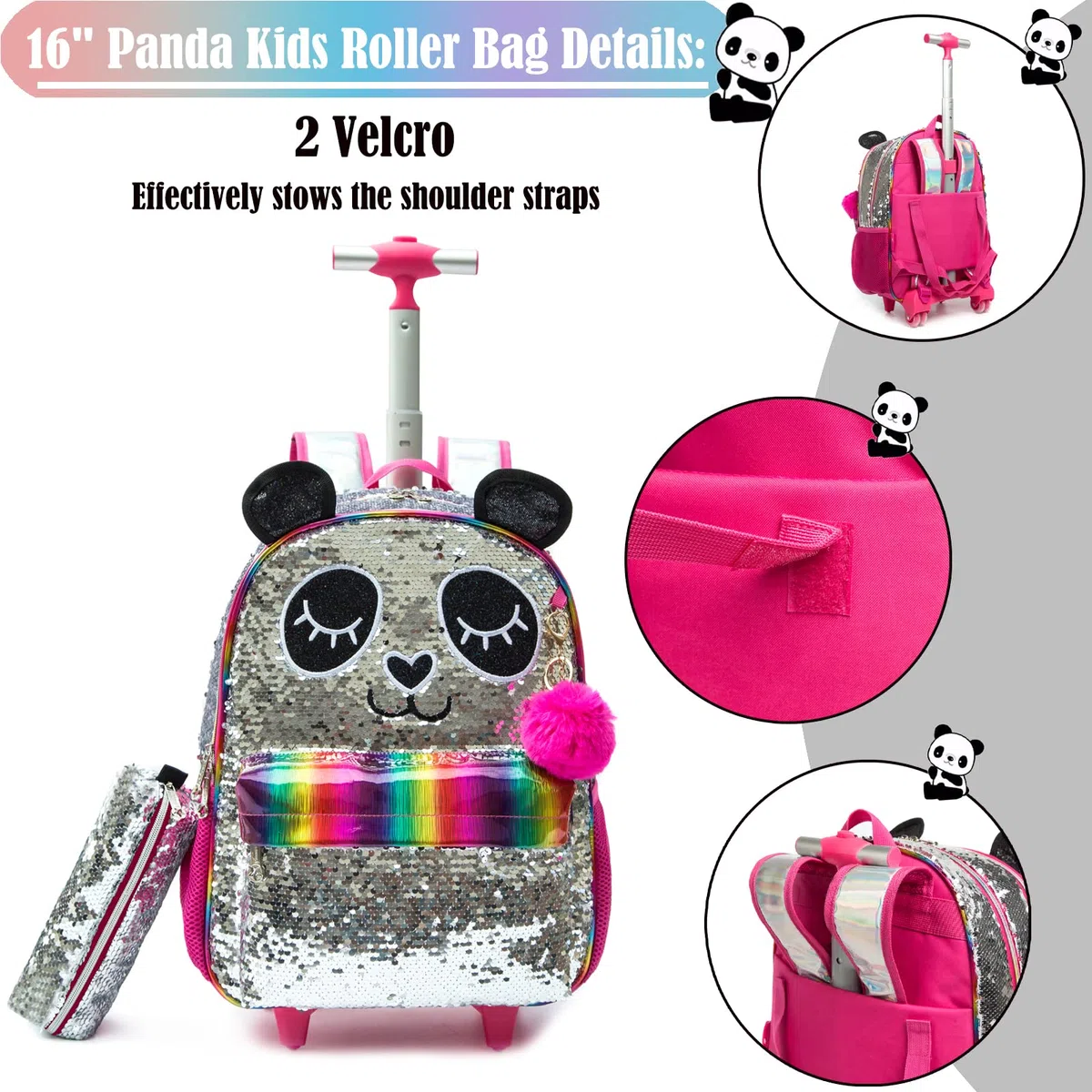 Mochilas Escolares con Ruedas Para Niñas,3PCS Mochila Carro Bolsa del Almuerzo y Estuche de Lápices Bolsos Escolares Para Chicas,16" Maleta Niños con Ruedas de Sirena Morada para Niñas con Lentejuelas