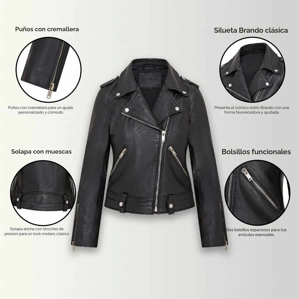 Infinity Leather Chaqueta de Cuero Estilo Motero Brando Clásica Negra Para Mujer