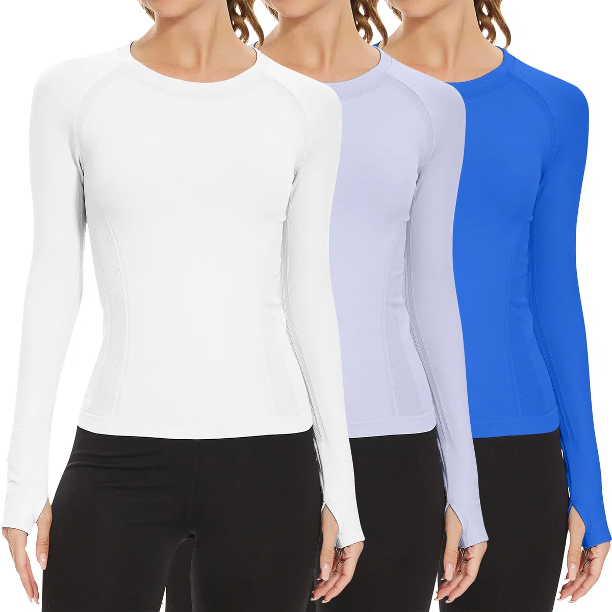 MathCat Camisetas de entrenamiento de manga larga para mujer, sin costuras, para yoga, correr, transpirables, paquete de 3 unidades