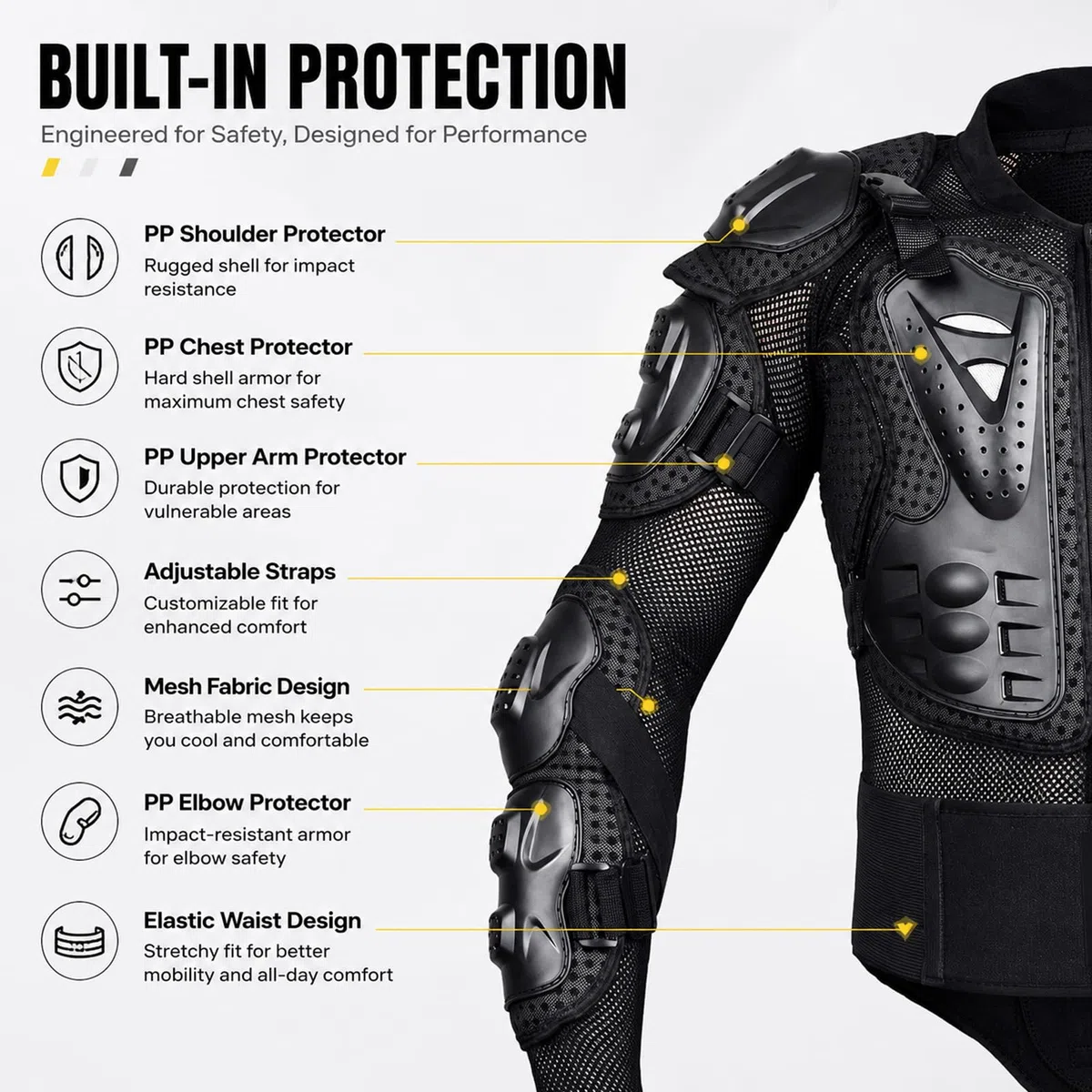 Traje de Protección para Moto con Armadura Completa Equipo de Motocross Transpirable y Ligero con Protectores de Pecho, Espalda, Hombros y Codos Para Dirt Bike, ATV y Carreras,Black-XL