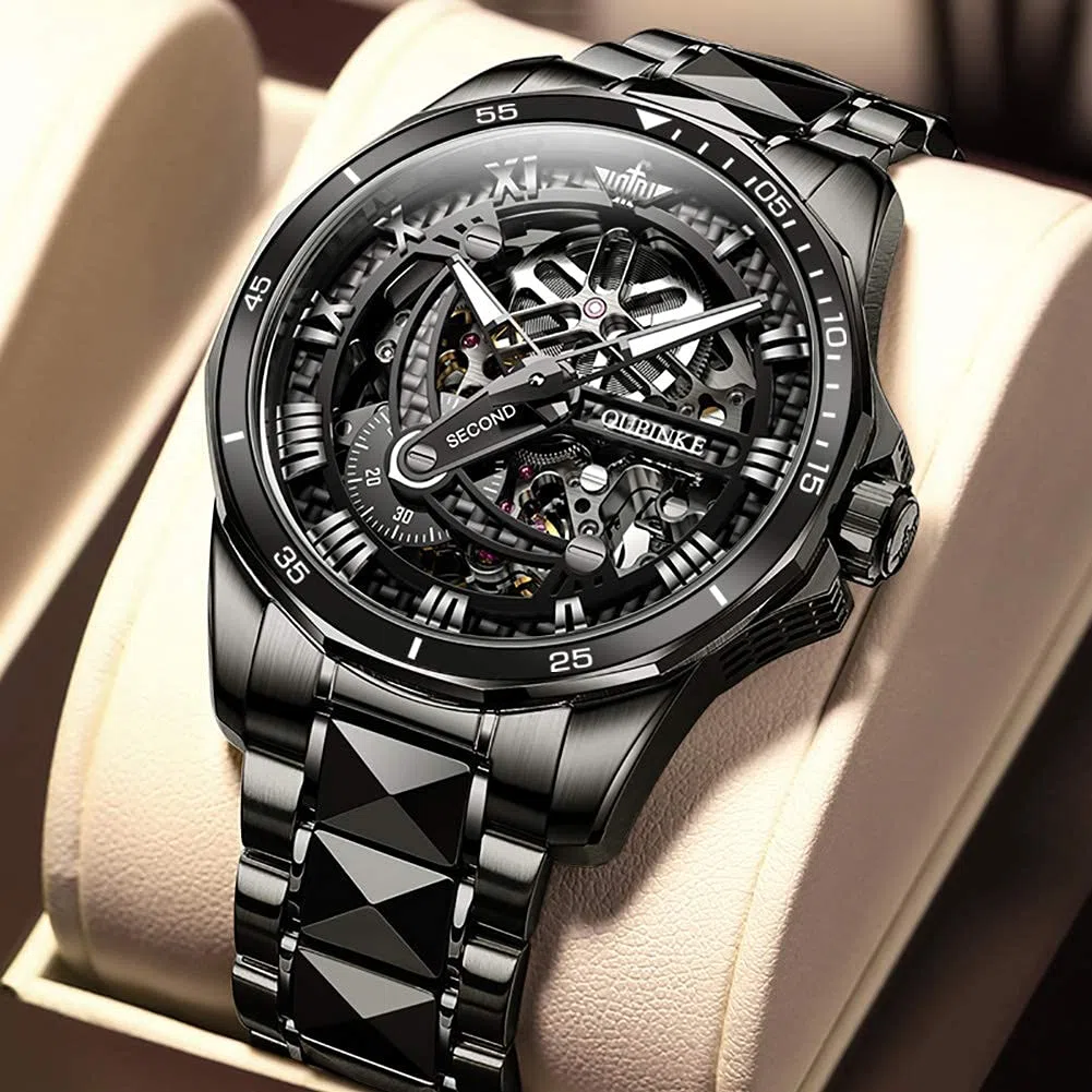 OUPINKE Reloj de pulsera automático para hombre, esqueleto plateado, esfera luminosa 3D con correa de acero de tungsteno luminosa impermeable de 5 ATM, cristal de zafiro, dos tonos, Correa negra,