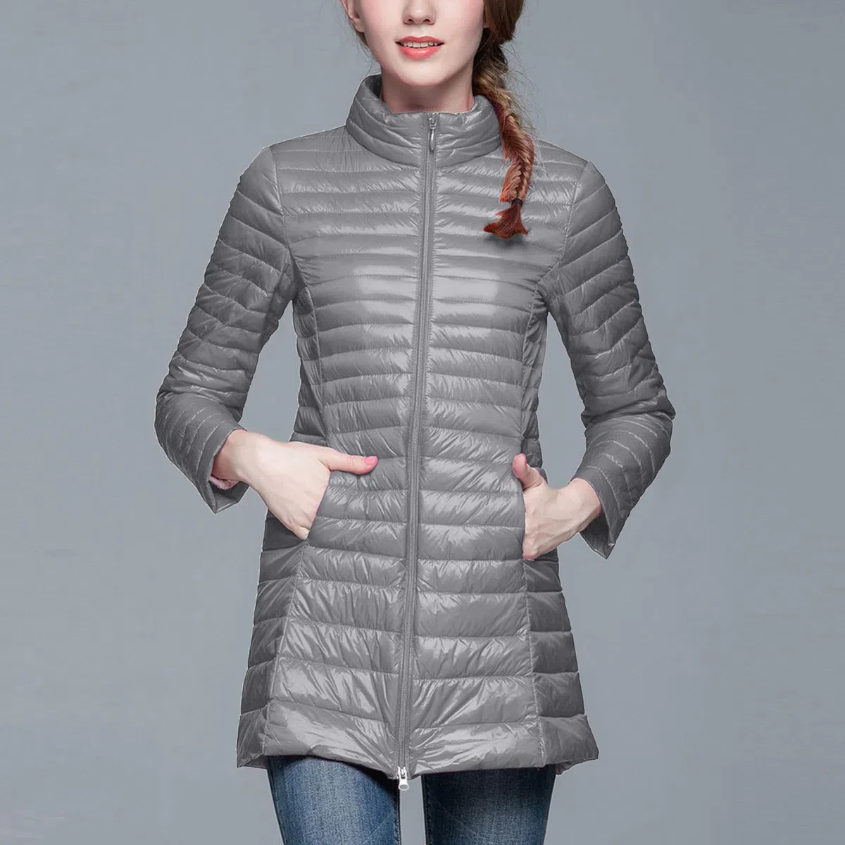 Generisch Abrigo acolchado ligero para mujer, largo, con capucha extraíble, chaqueta de entretiempo, abrigo de invierno, aspecto de plumón, forro cálido, chaqueta acolchada con bolsa