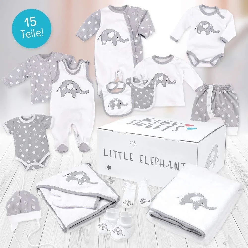 Baby Sweets Baby equipamiento inicial unisex blanco gris Diseño: Little Elephant Juego de 15 piezas para recién nacidos y niños pequeños Tamaño: blanco blanco gris Talla:Newborn (56)