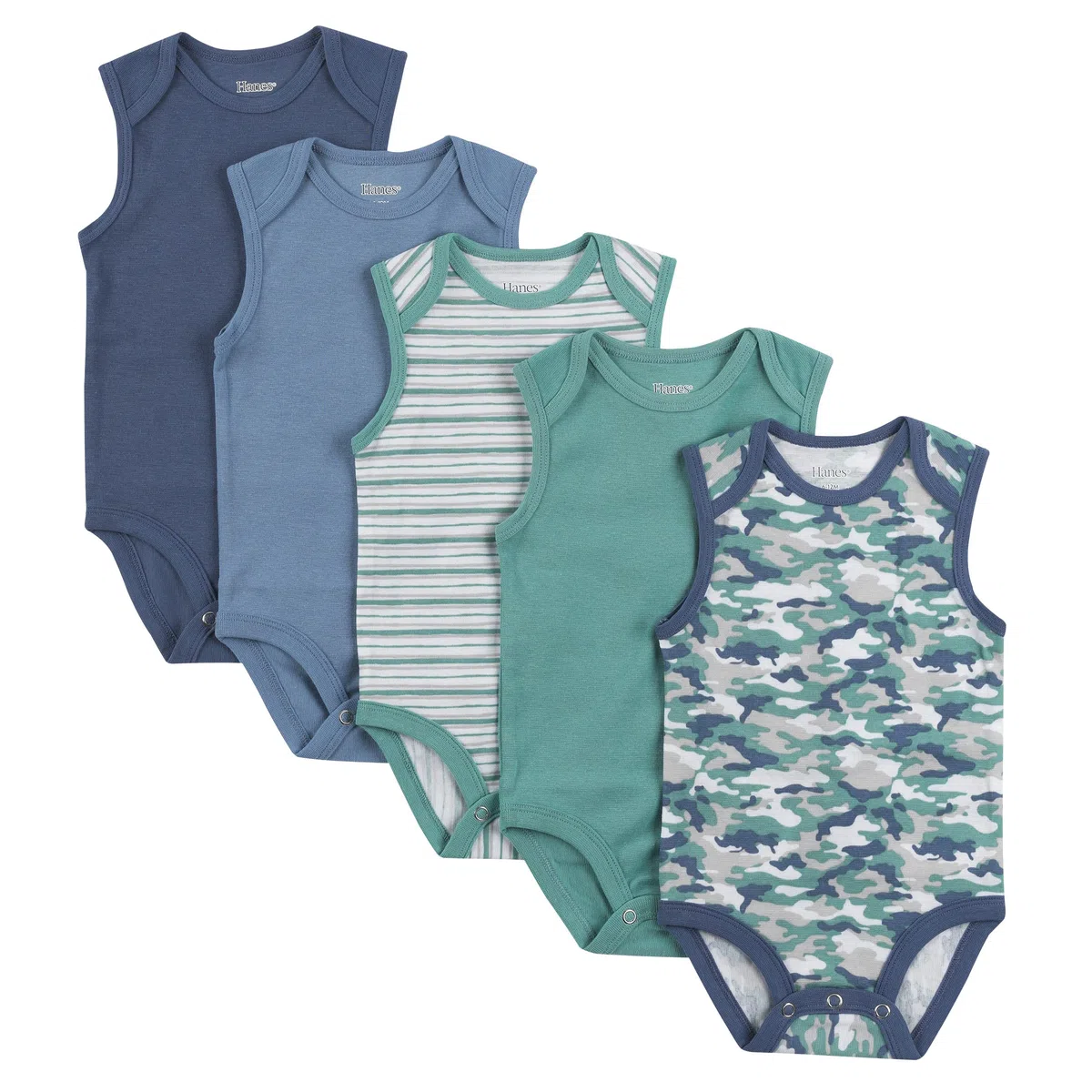 Hanes Ultimate Flexy - Body sin mangas para bebé (5 unidades, azul polvoriento/verde, 0-6 meses), Polvoriento Azul/Verde, 0-6 Meses