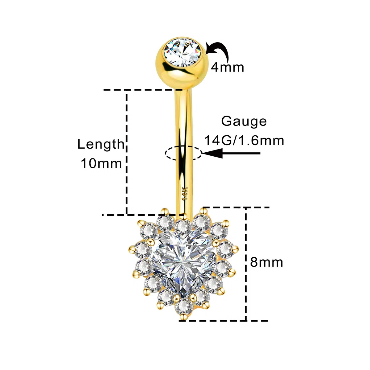Melighting 16G Anillo en el ombligo, Oro amarillo de 14 quilates Piercings Vientre, Navel Bars, Belly Piercing Bar, Piercings en el Ombligo
