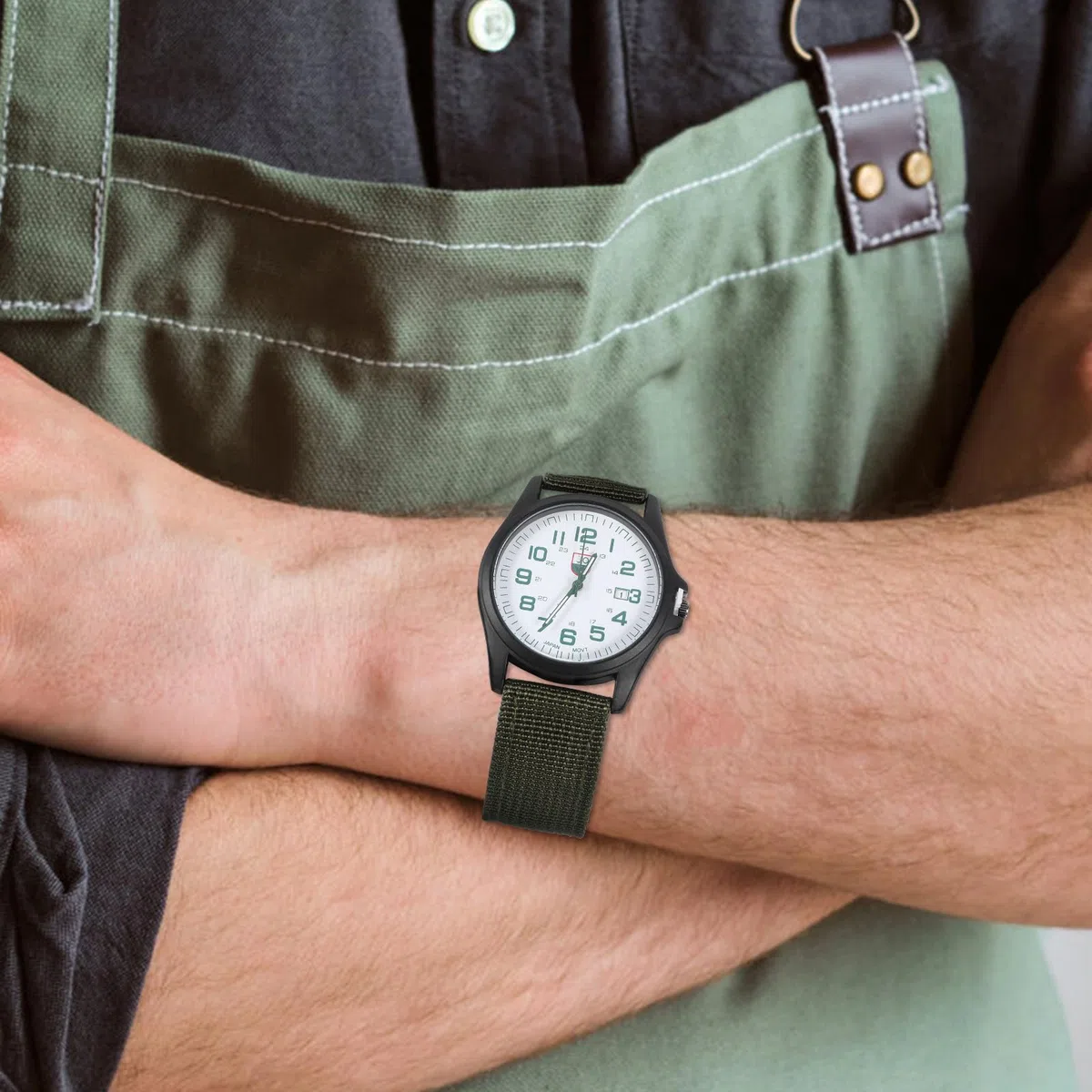 Reloj Nailon Verde Calendario de Pulsera de Cuarzo y Hombre