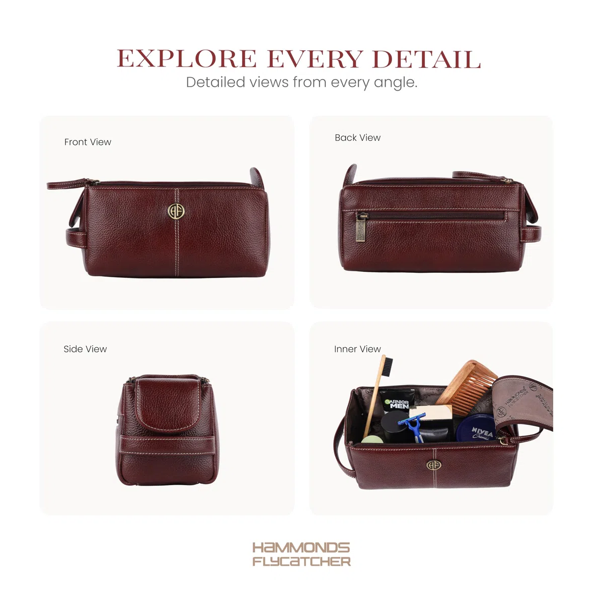 HAMMONDS FLYCATCHER Estuche unisex de piel auténtica unisex para adultos, kit de aseo de cuero, bolsa de aseo de viaje, organizador de higiene y aseo, cuero libre de crueldad animal y estuche cosido a