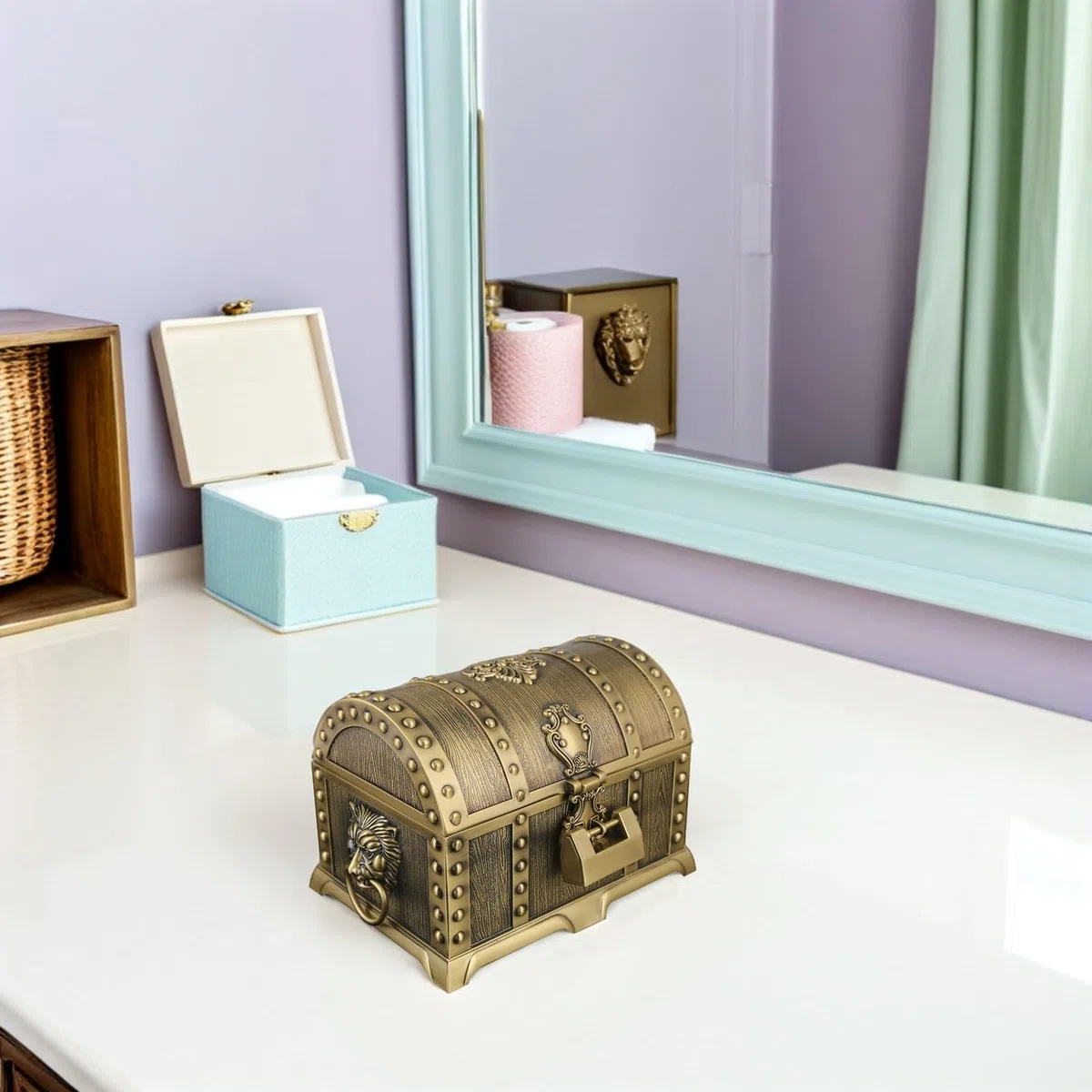 ibasenice Joyero de Estilo Europeo en Aleación con Cerradura, Caja Metálica para Anillos y Pendientes, Almacenamiento Organizado para Mujeres en Diseño Retro Palaciego