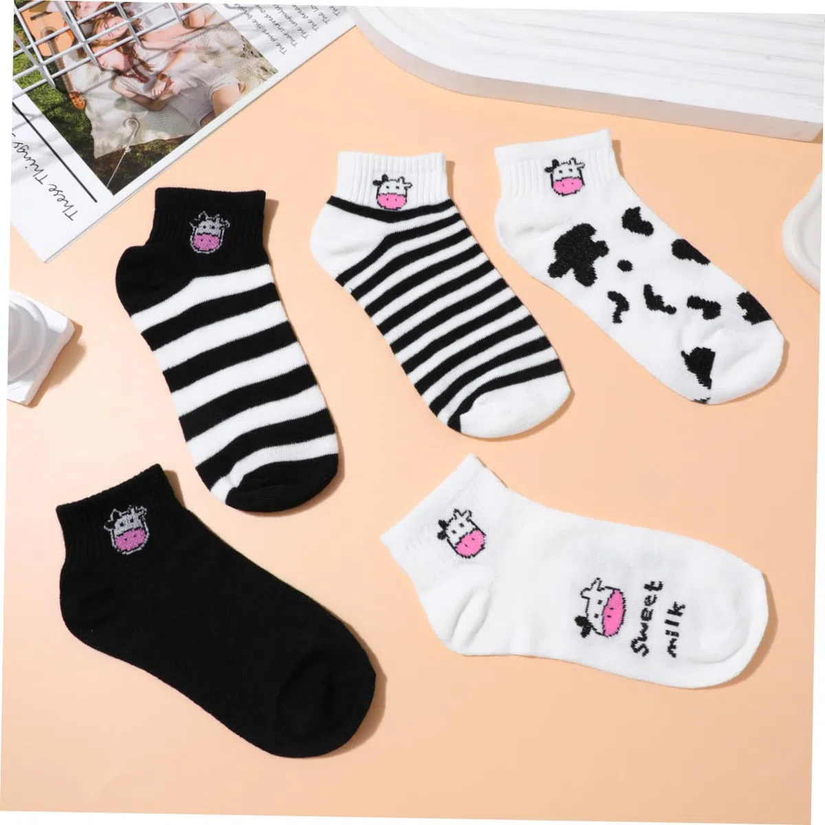Beaupretty Calcetines Cortos De Vaca Negros y De Algodón, 5 Pares, Transpirables y Elásticos Para Mujer, Uso Diario y Verano, Diseño Cómodo Deformación
