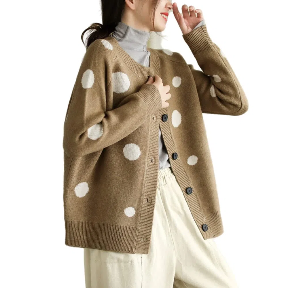Chaquetas Basicas De Punto Mujer,Cárdigans De Punto Para Mujer Moda Lunares Marrones Jacquard Botón De Cuello Redondo Manga Larga Suéteres Delanteros Abiertos Cárdigan Otoño Suelto De Punto Sua