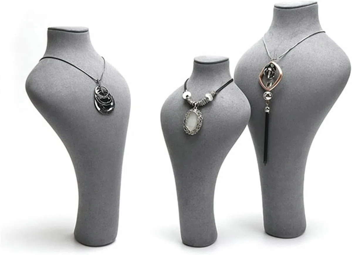 Expositor de Joyas de Terciopelo Blanco con Forma de Busto para Collares (30 cm), Soporte para Guardar y presentar Collares, Colgantes y Cadenas, Elegante Organizador de decoración (Gris, 30 cm)