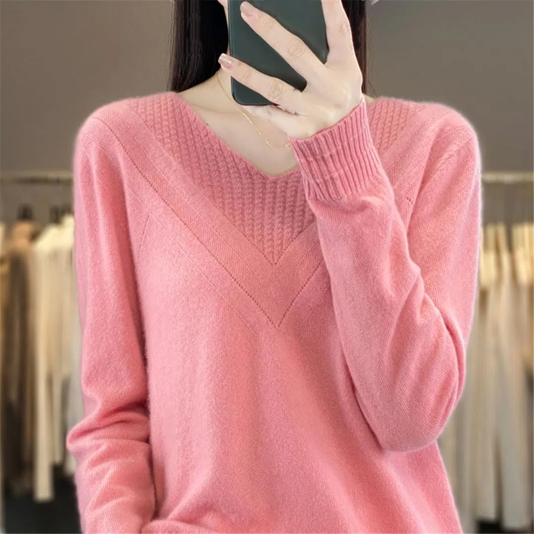Jersey De Punto De Lana con Cuello En V para Mujer, Jersey De Manga Larga