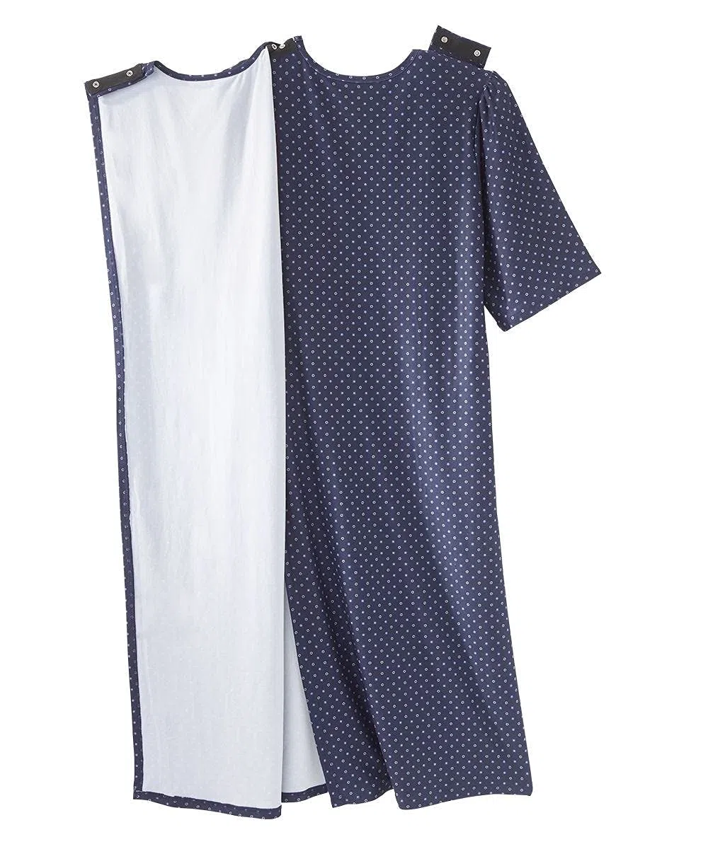 Camisón de encaje adaptativo con espalda abierta para mujer - No Peek Hospital Vestido para personas mayores, Azul marino, M