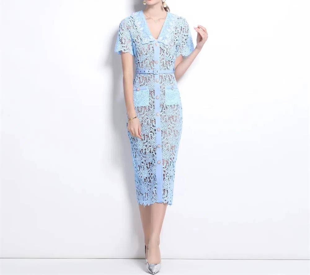 Vestido de encaje de verano for mujer - Vestido ajustado midi de manga corta for bodas, fiestas y días festivos - Rosa M(6)