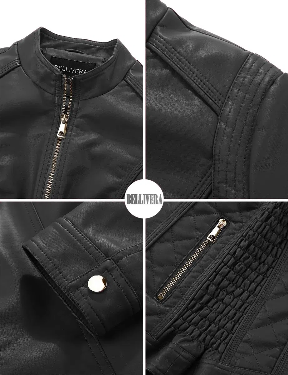 BELLIVERA Chaqueta de Cuero PU para Mujer, Chaqueta con Bolsillos con Cremallera, Chaqueta Corta para el Otoño, Primavera