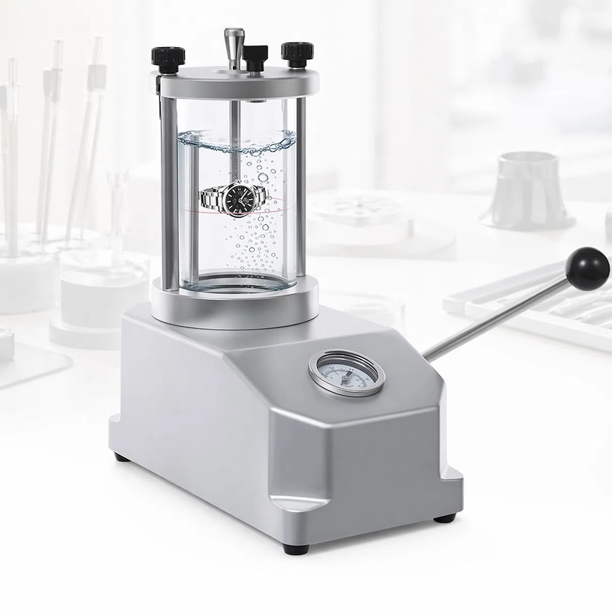 Probador de presión subacuática para reloj, herramienta de comprobación impermeable de 0,3 a 0,6 bar, marco de aluminio, sellos de goma para reloj electrónico de cuarzo mecánico