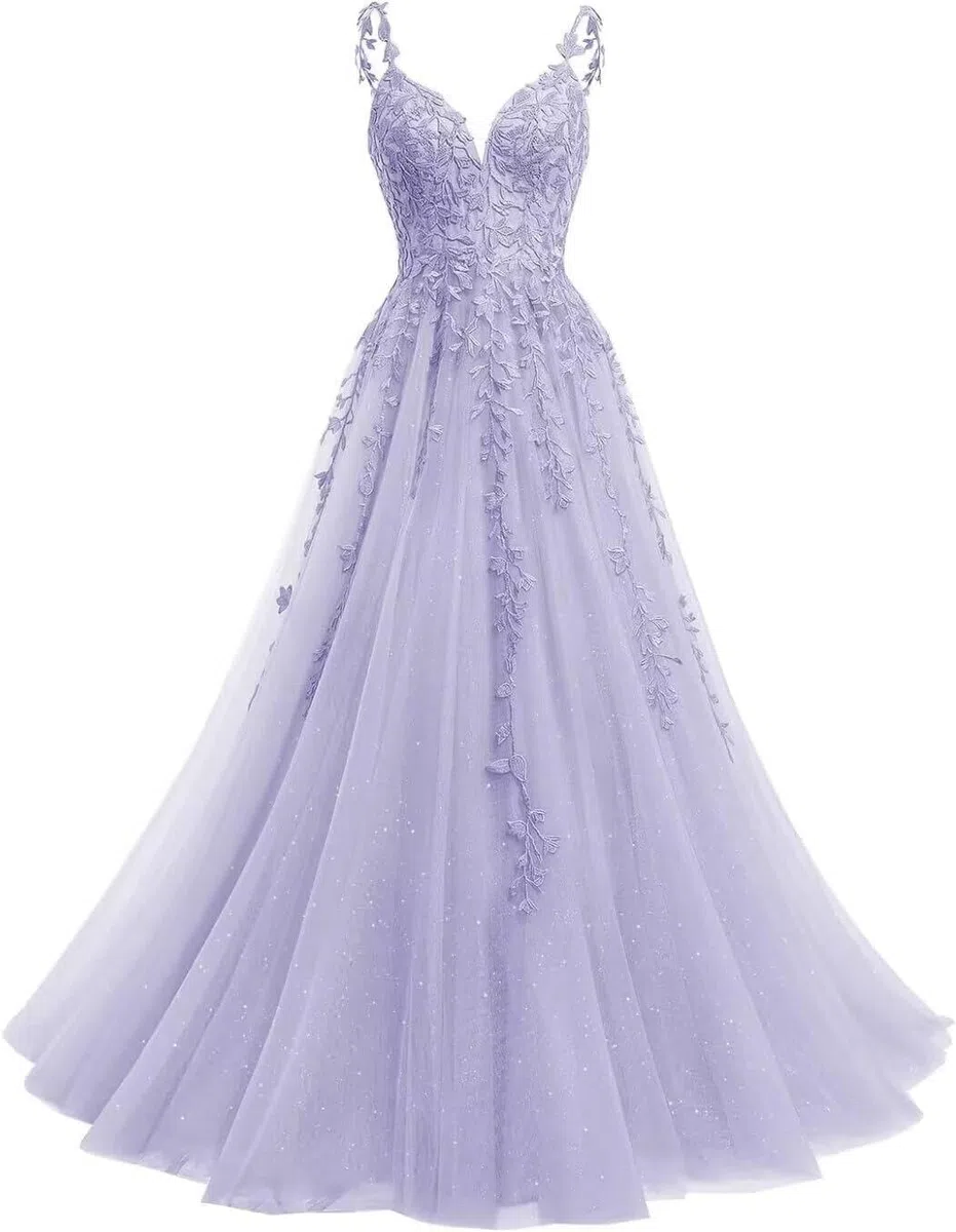 KIYNE Vestido de fiesta formal con tirantes delgados, cuello en V, tul y apliques de encaje con purpurina, vestido de fiesta formal, vestido de baile