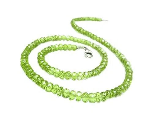 Collar de plata de ley 925 hecho a mano con cuentas de 4 mm de color verde con peridoto Rondelle, facetado de 17 pulgadas para hombres y mujeres.