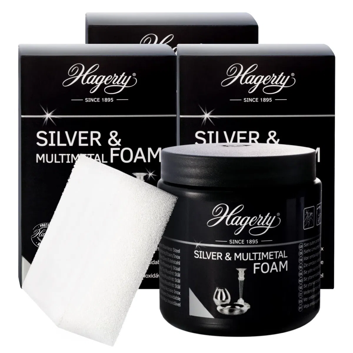 Hagerty Silver & Multimetal Foam Espuma limpiadora de plata 3x 185g Eficaz mousse para protección de plata y metal plateado estaño acero cromo Limpia plata renovadora de brillo Esponja incluida