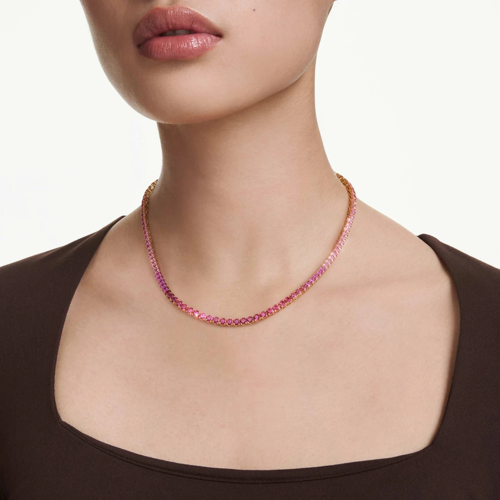 Swarovski Collar Tennis Matrix, Talla redonda, Rosa, Baño tono oro