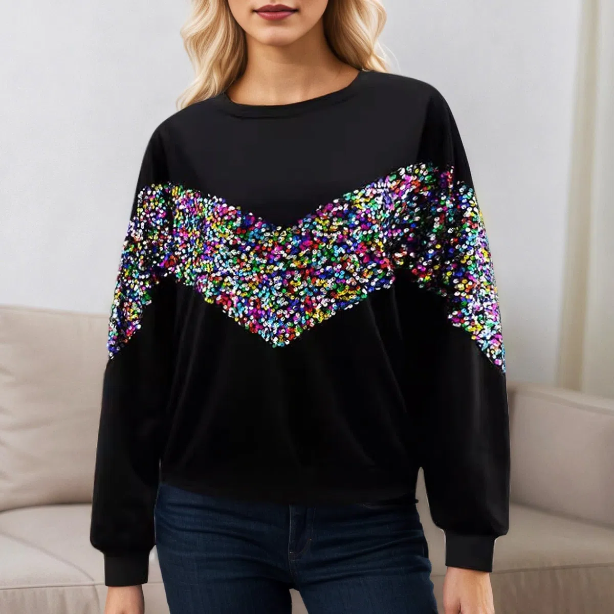Sudadera Mujer Sin Capucha，Sudadera Mujer Cuello Manga Larga con Lentejuelas Ropa Informal Otoño Invierno