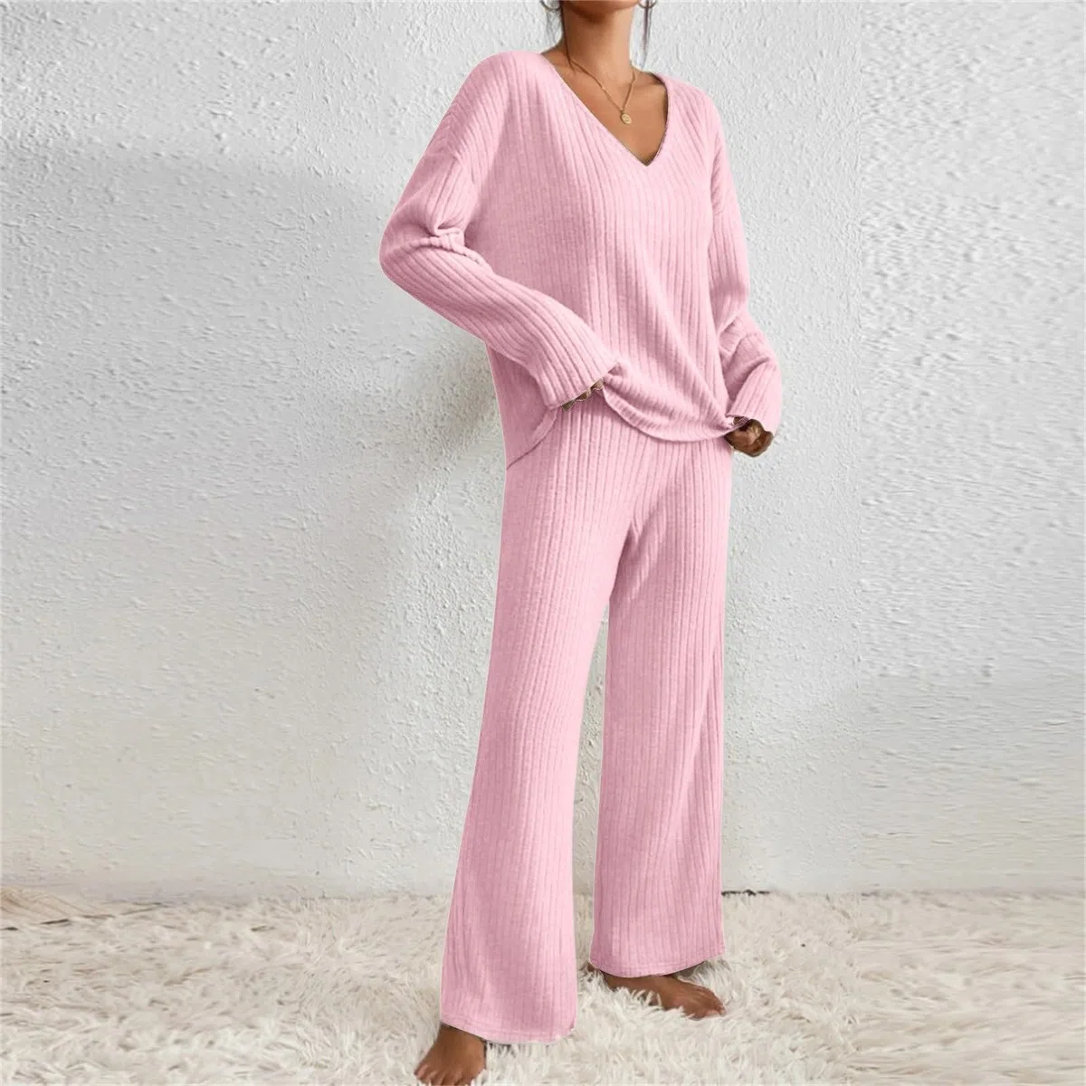 Loungewear - Conjunto de dos piezas para mujer, elegante pijama acanalado, ropa de casa, juego de pijama suelto, manga larga, cuello en V, parte superior de pierna ancha, pantalones, ropa de dormir