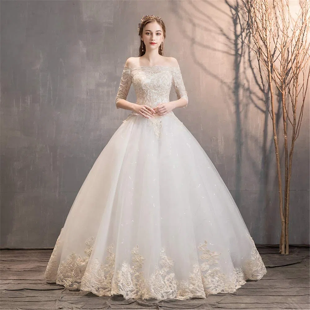 Vestido de Novia Y Dama de Honor Vestido de Noche Femenino de Manga Larga Bordado de Chiffon de Cintura Alta, Blanco, m