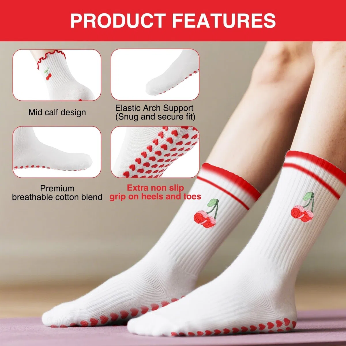 Calcetines Pilates Mujer Antideslizantes 4 Pares De Manguito Ruffle Cereza Bordado Yoga Agarre para Las Mujeres, Antideslizante Medio Ternera Barre Y Entrenamiento-6 Pairs