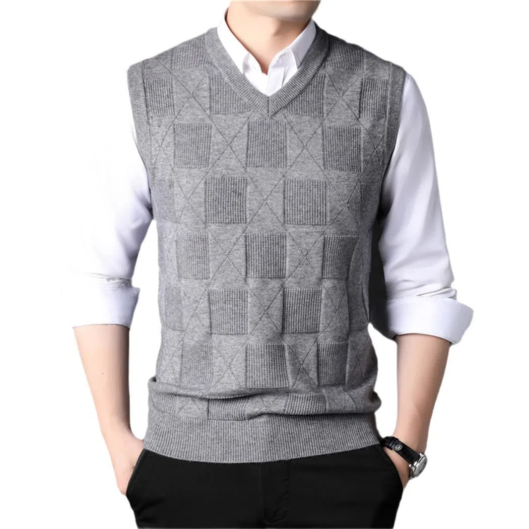 Chaleco de punto de cuello en V caqui de los hombres de otoño de negocios casual estilo clásico grueso sin mangas suéter chaleco, gris, L