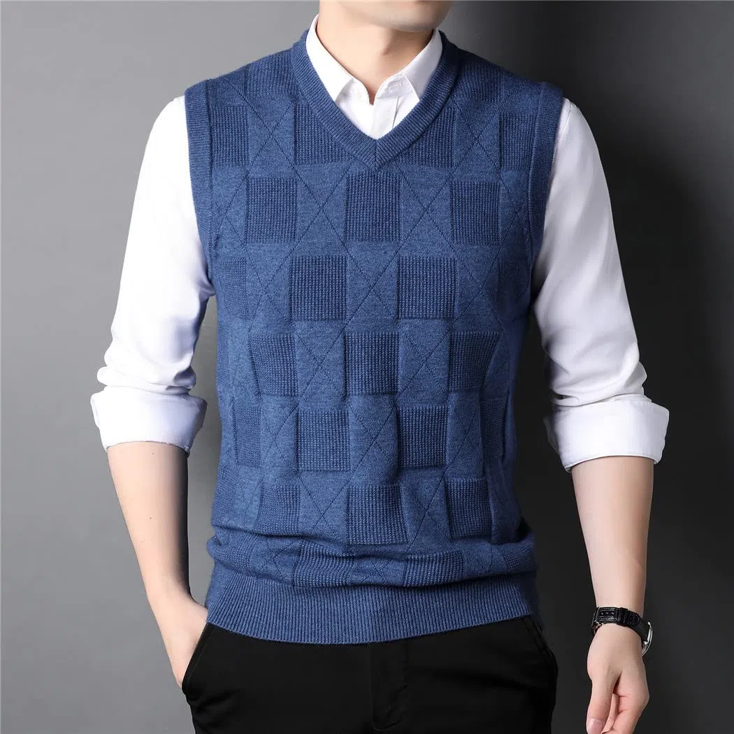 Chaleco de punto de cuello en V caqui de los hombres de otoño de negocios casual estilo clásico grueso sin mangas suéter chaleco, gris, L