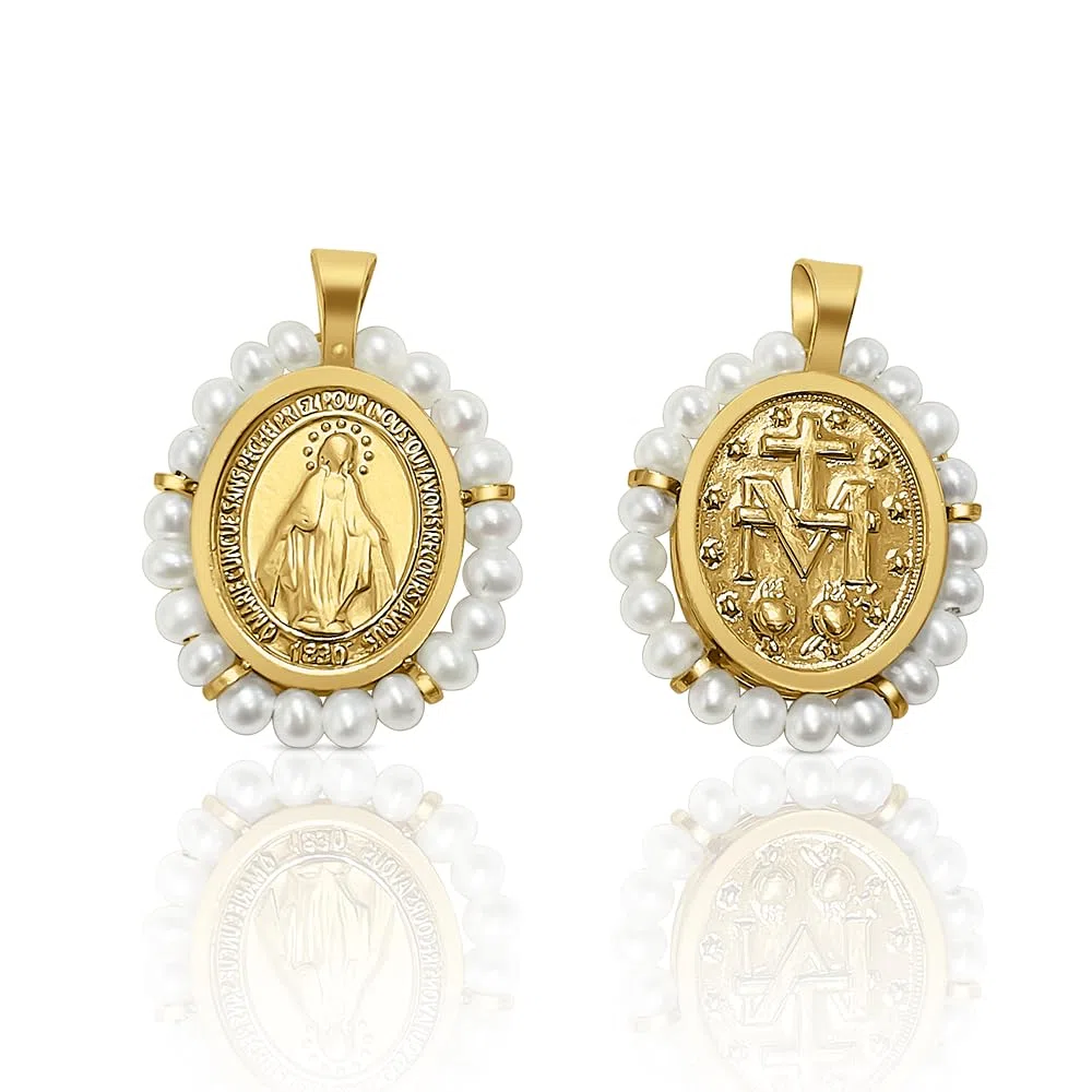 Medalla colgante oro ley milagrosa con perlas cultivadas comunión niña mujer, 15x17 mm