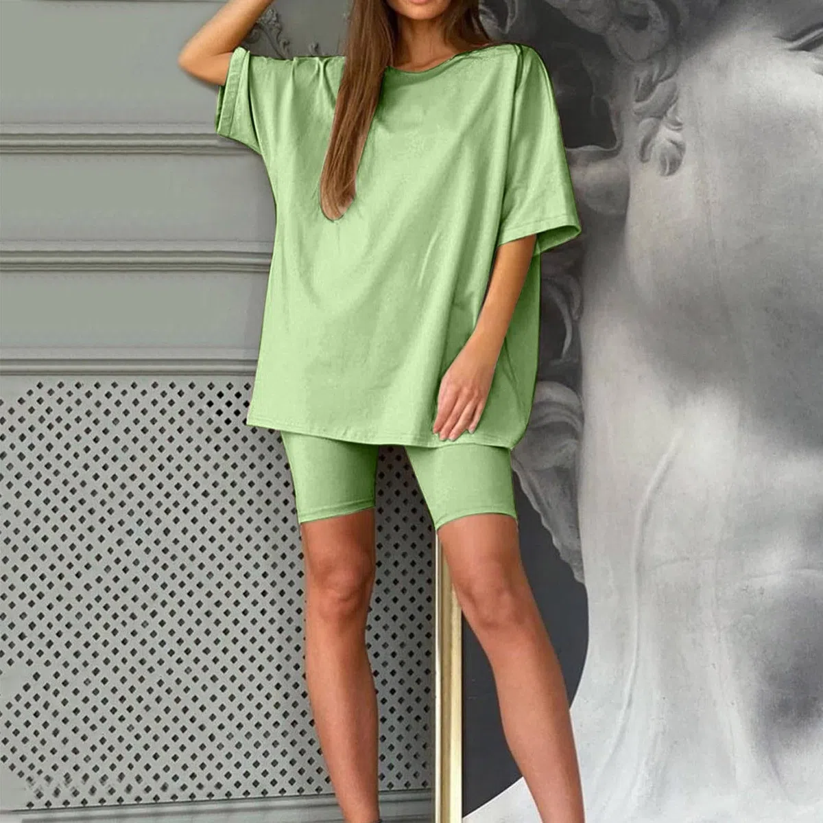 Generisch Pantalones cortos de dos piezas para mujer, de manga corta, con pantalones, para correr, yoga, deportes, para ocio activo