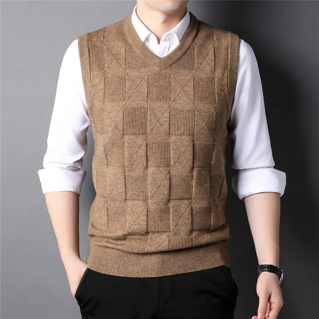 Chaleco de punto de cuello en V caqui de los hombres de otoño de negocios casual estilo clásico grueso sin mangas suéter chaleco, gris, L