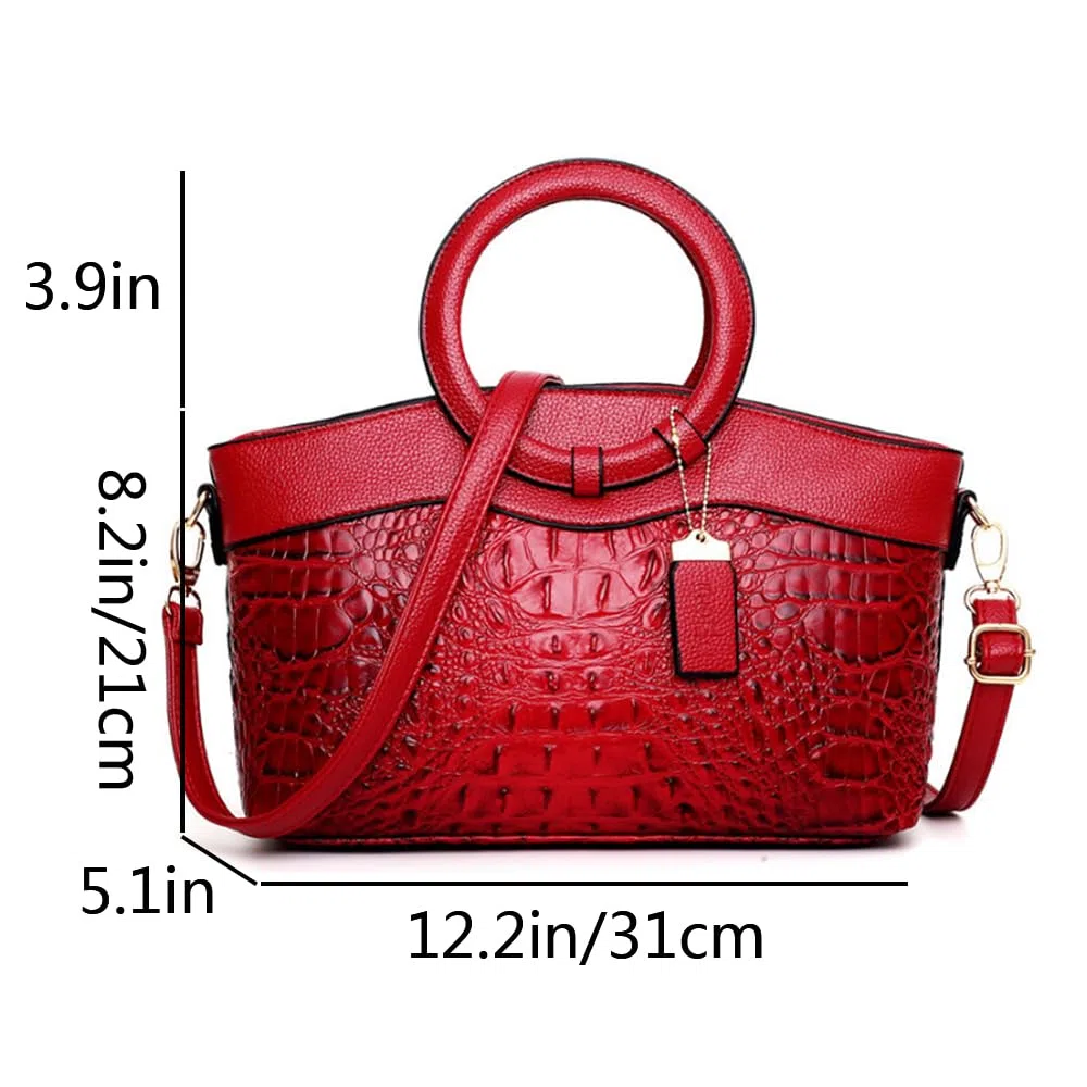 Bolso y bolso de mano de piel sintética con patrón de cocodrilo circular con asa superior para mujer, Red, Talla única