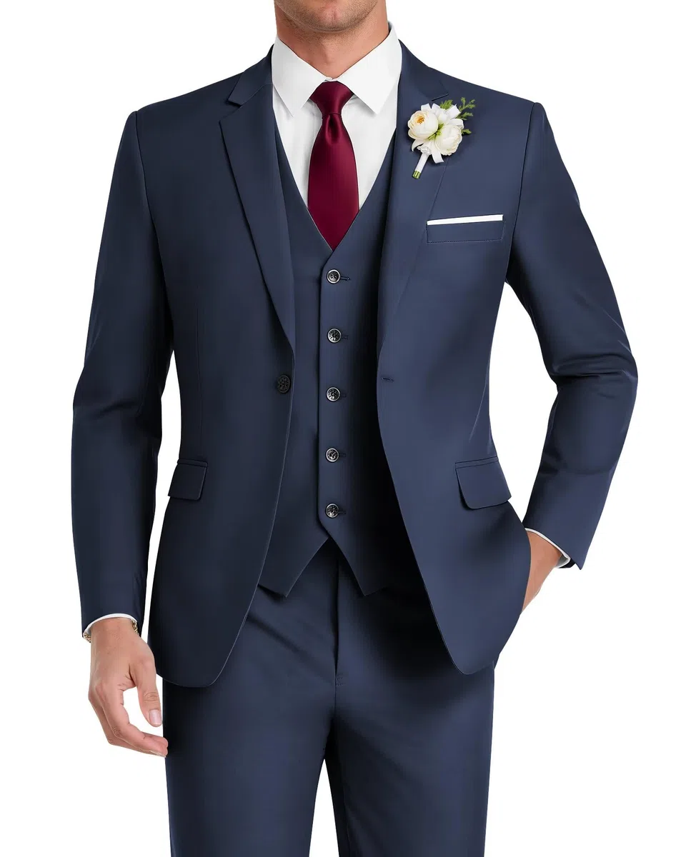 HUUTOE Traje de 3 piezas para hombre, ajustado, para boda, padrinos de boda, graduación, negocios, un botón, chaqueta, chaleco y pantalones, conjunto de esmoquin | Conjunto de chaleco y pantalones de 3 piezas para bodas, bailes, fiestas de negocios, ocasi