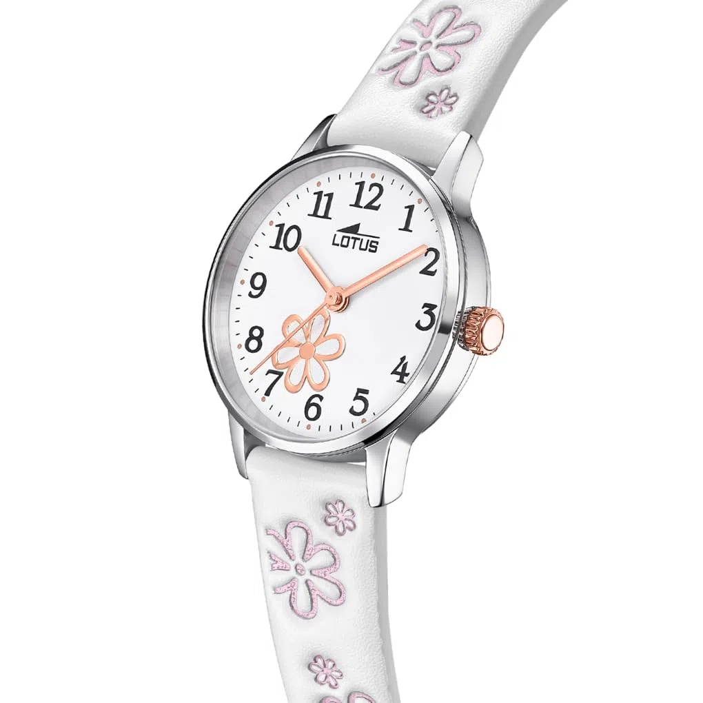 LOTUS Reloj Niña Analógico de Cuero Blanco - Movimiento de Cuarzo - Cristal Mineral de Alta Resistencia - Resistente al Agua 5 ATM - Clásico 18863/1 - con Pulsera de Regalo - Junior Collection