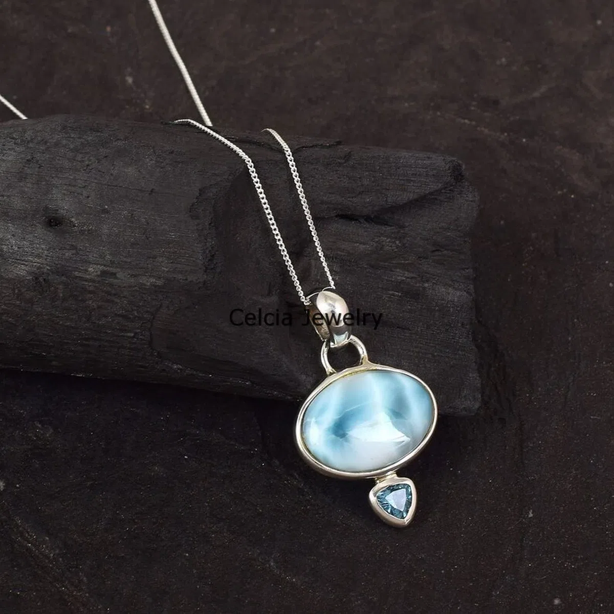 Collar de plata de ley 925 maciza para mujer, larimar genuino y topacio azul con múltiples piedras preciosas, collar único hecho a mano para ella