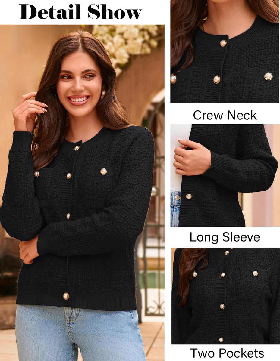 GRACE KARIN Cárdigan de punto con botones y bolsillos para mujer, con parte delantera abierta, con textura, Negro -, L