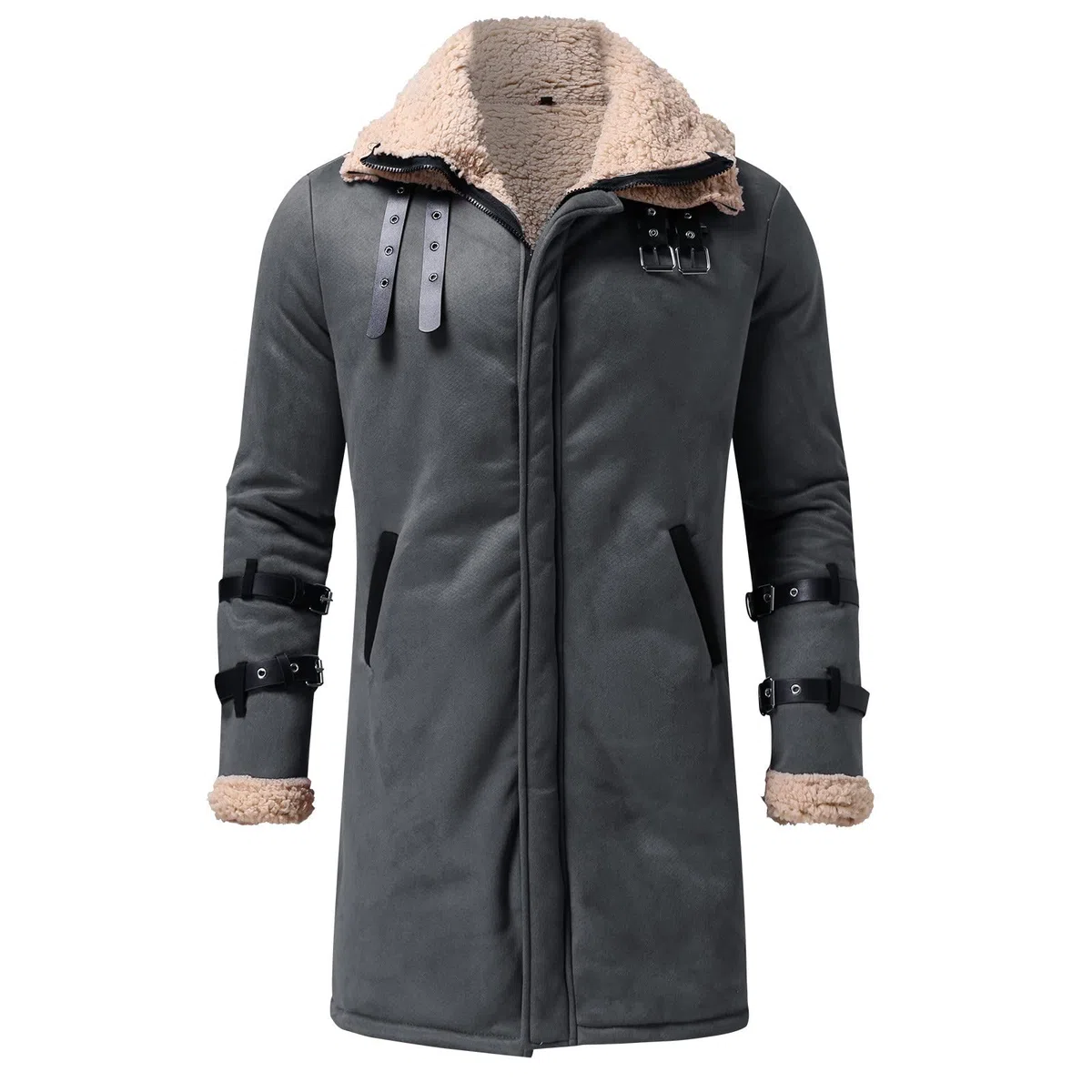 Gabardina con forro de piel para hombre, estilo retro, abrigo vintage cálido, chaqueta de poliuretano con forro de sherpa, abrigo acolchado resistente al viento, abrigo mullido, abrigo grueso para