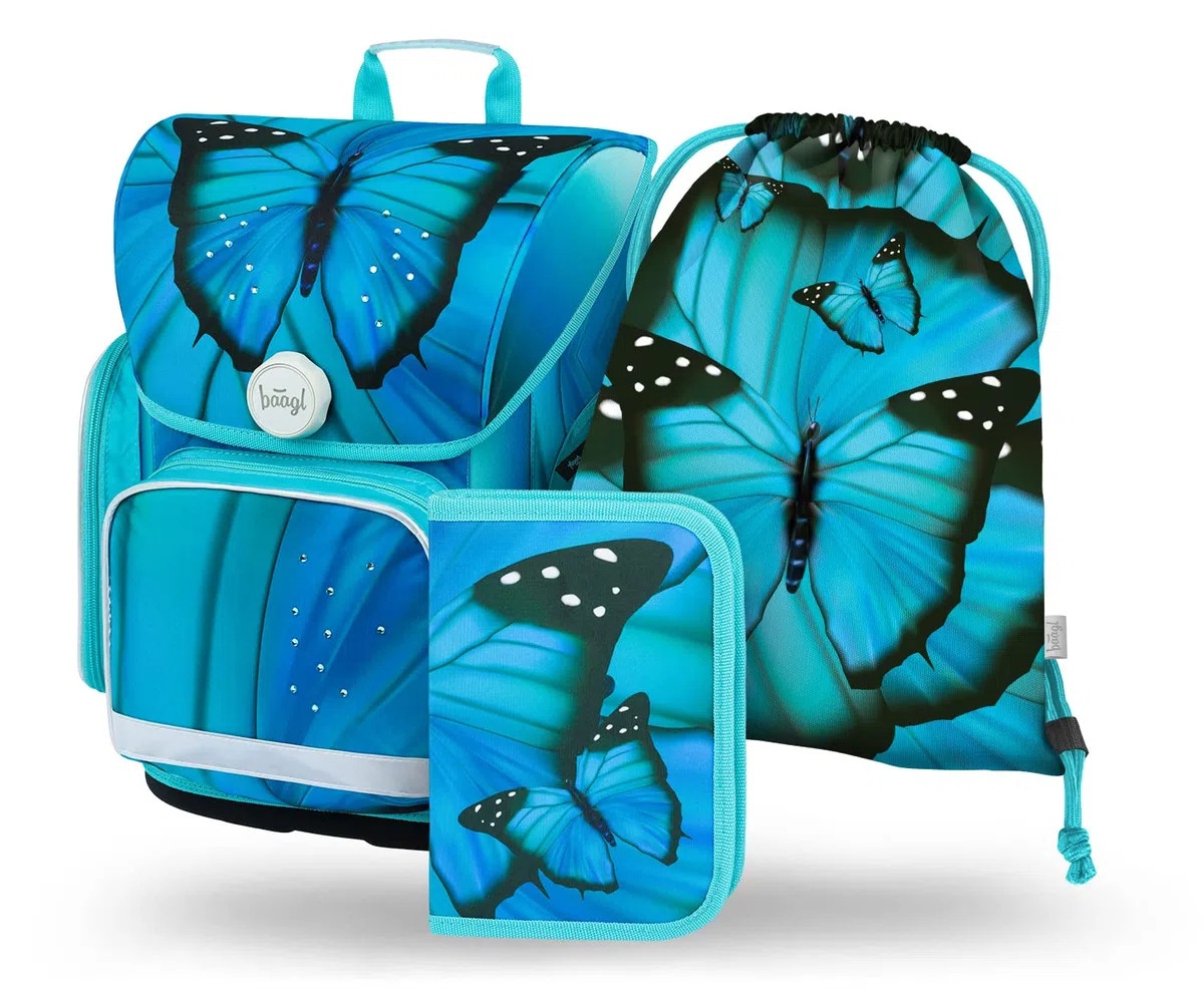 Baagl Juego de 3 mochilas escolares Ergo para 1ª clase, mochila ergonómica para escuela primaria con correa para el pecho, mariposa, Juego de mochila escolar
