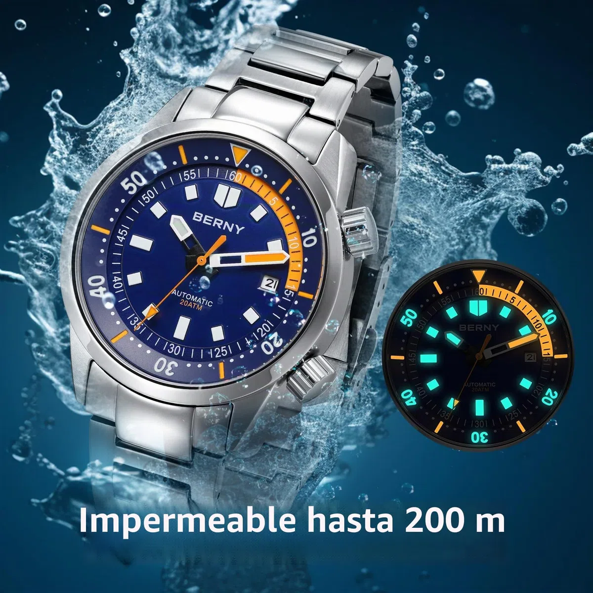 BERNY Reloj Automático para Hombres Sumergible 20 ATM Mecánico con Vidrio de Zafiro, Cómoda Correa de Acero Inoxidable y Súper Luminoso