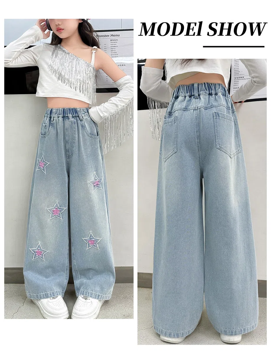 Jeans rasgados para niñas, cintura alta elástica, pierna ancha, pantalones de mezclilla desgastados con bolsillos, holgados, casuales, ropa de calle 5-14 años, star, 5-6 años