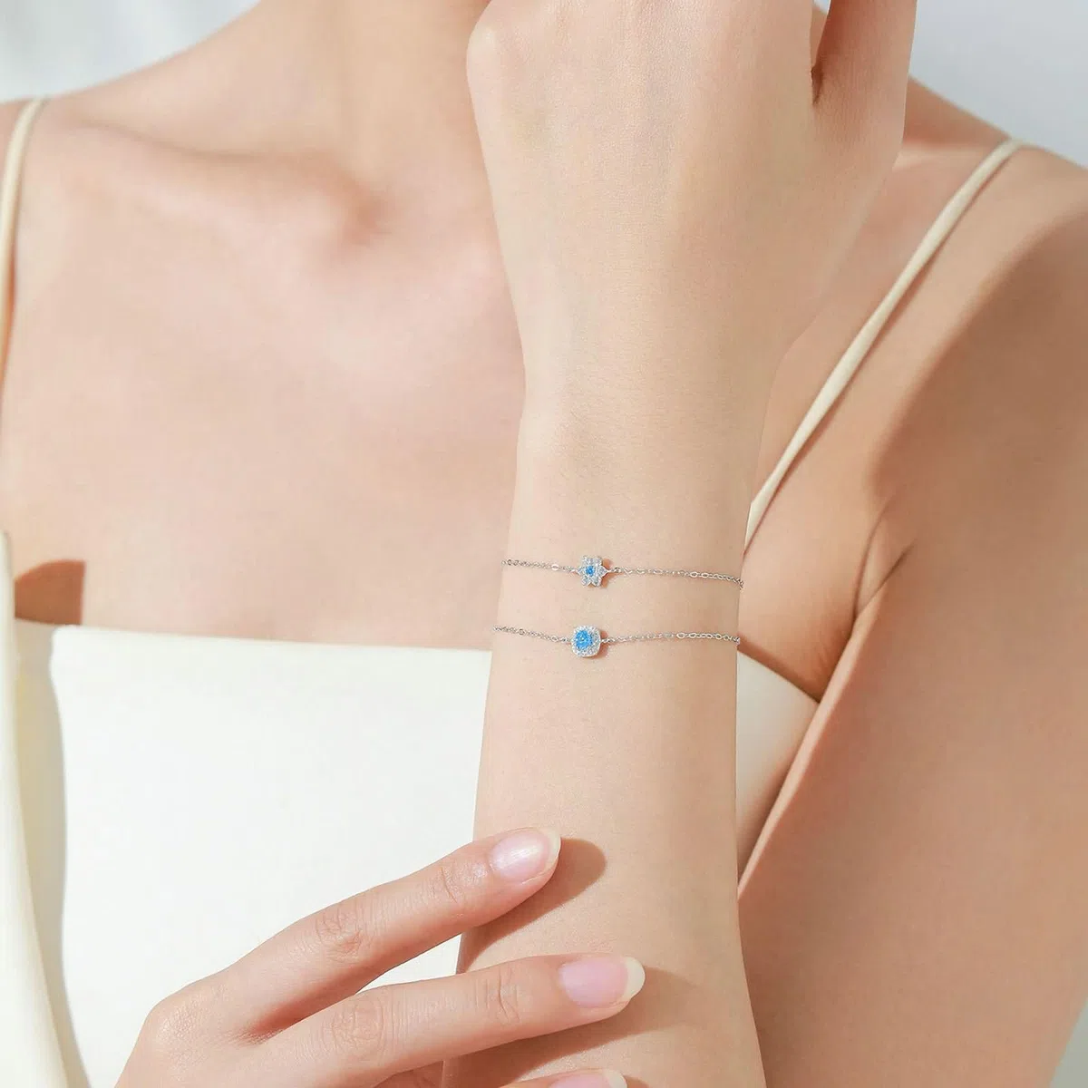 Pulseras Oro Blanco 9K / 14K / 18K Mujer, Cuadrado y Redondo con Topacio y Diamante, Cadena Extensible 16 CM + 5 CM, Pulsera Mujer Plata Azul