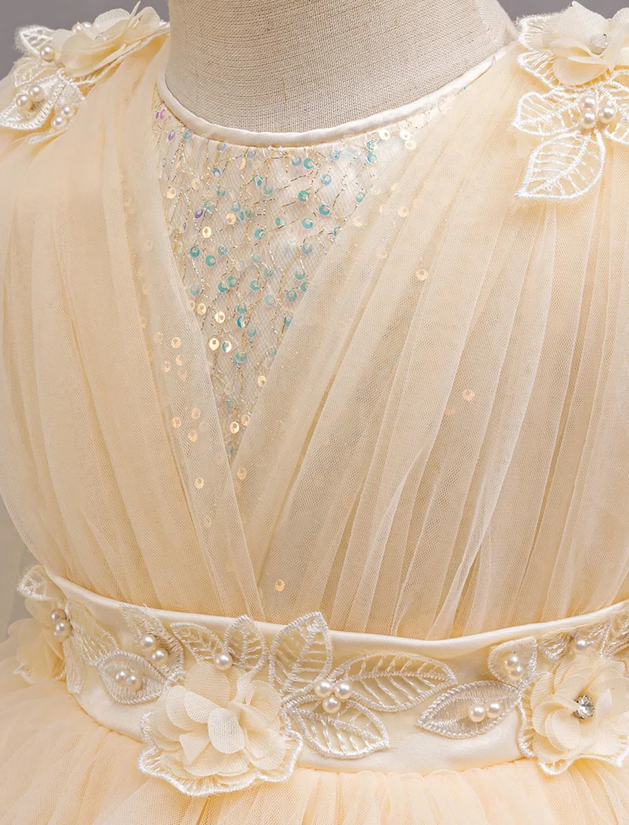 ABEHIK Vestidos de lentejuelas para niñas con malla, sin mangas, vestido poncho para fiesta, vestido de tul para niña de flores, cumpleaños, boda