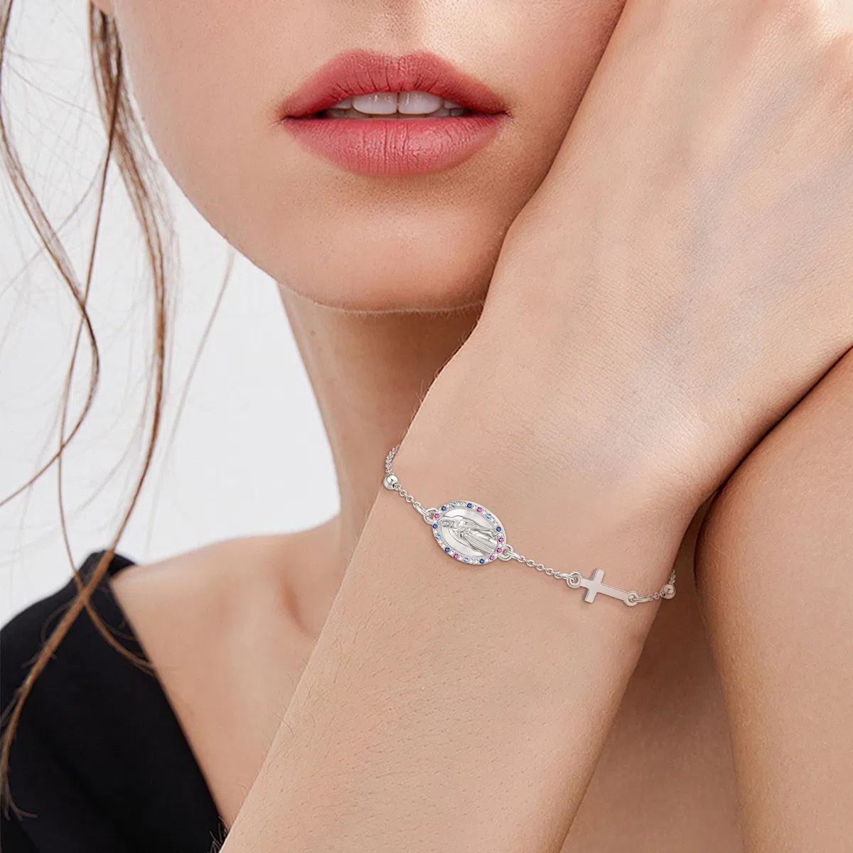 URONE Pulsera de la Virgen María de Plata de Ley con Rosario y Cruz Colgante Pulsera "Virgen de Guadalupe" Joyería Cristiana Regalos para Mujer