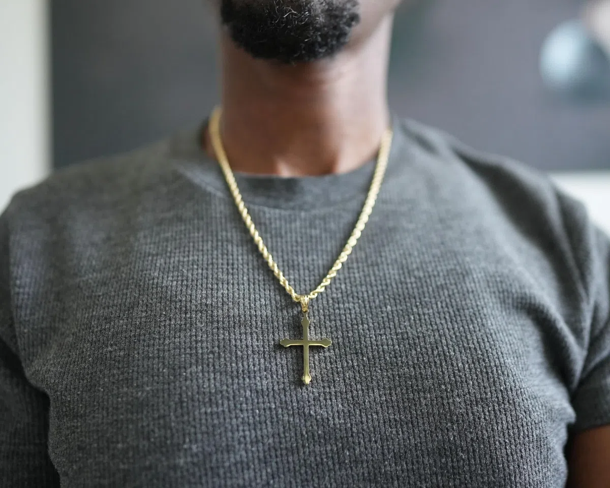18K Small Gold Cross Necklace Pendant Charm with 3MM Rope Chain Gift for Men Women Husband Wife Baptism Religious w/real strong Solid Clasp Fashion Jewelry