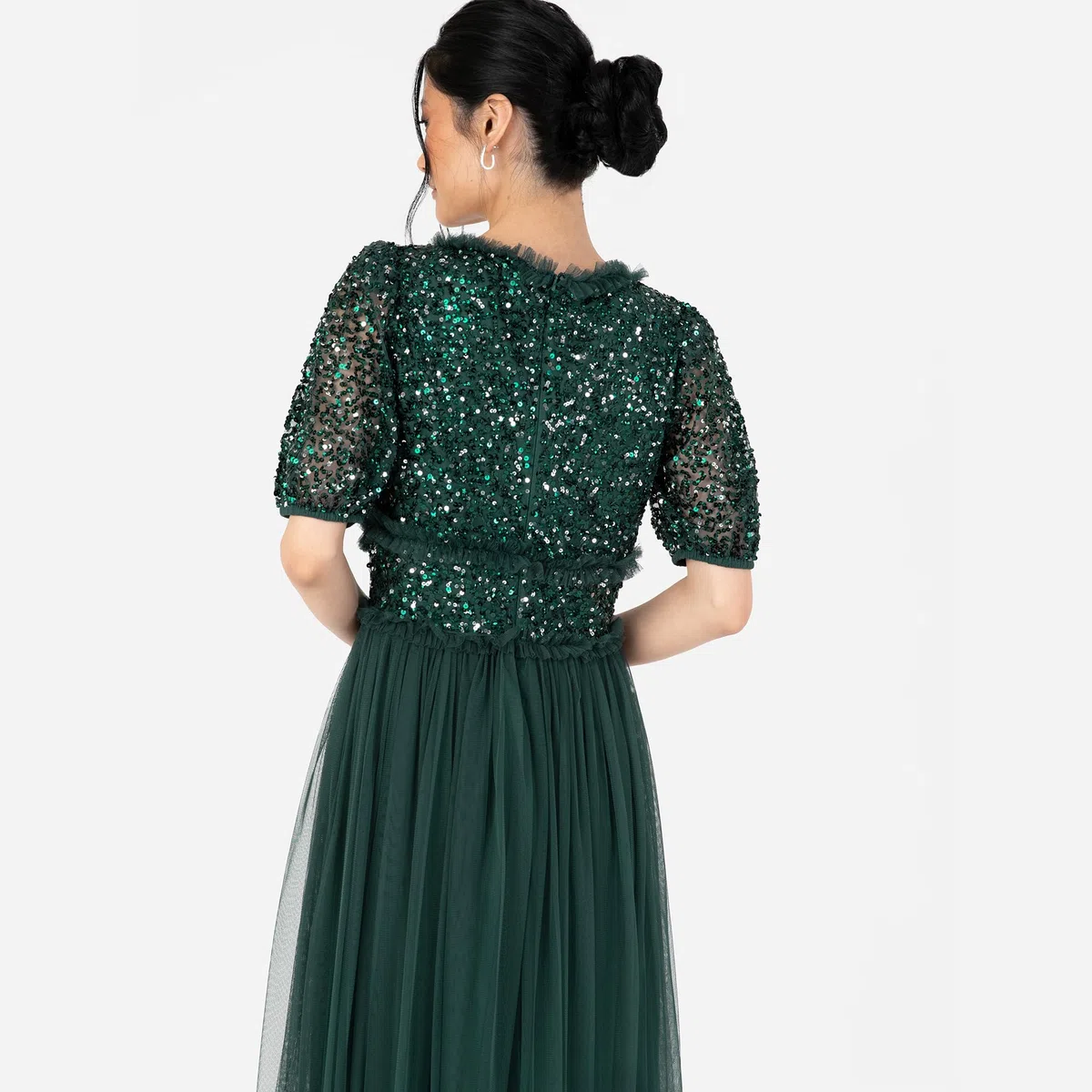 Maya Deluxe Women's Maxi Dress Ladies V-Neck Short Sleeve Sequin Embellished Tulle Ruffle For Wedding Guest Bridesmaid Ball Gown Vestidos para Mujer