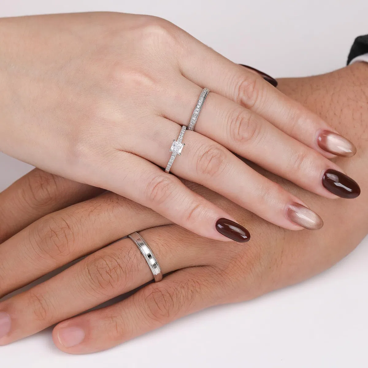 Meissa Set de 3 Anillos de Compromiso Alianzas de Plata Pareja de Ley 925 Zircón Corte Princesa Anillos Ajustables para Pareja Anchos