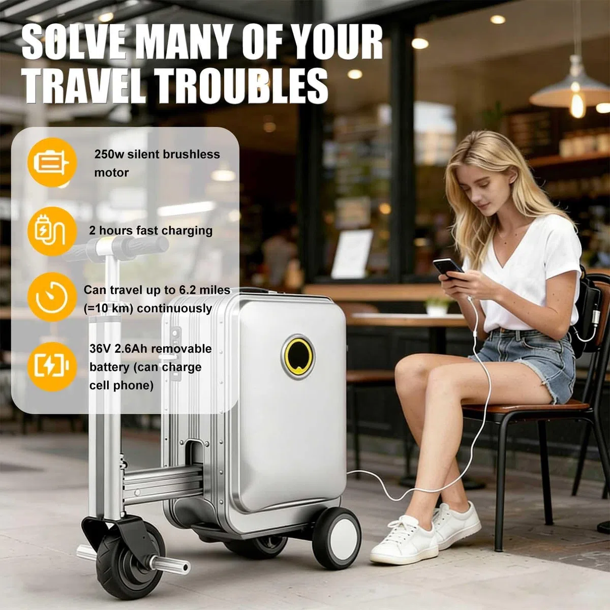 Maleta eléctrica para montar, 20 L, puerto de carga USB, batería extraíble, rango de 8 a 9 millas, bloqueo TSA para viajes y desplazamientos, Pink
